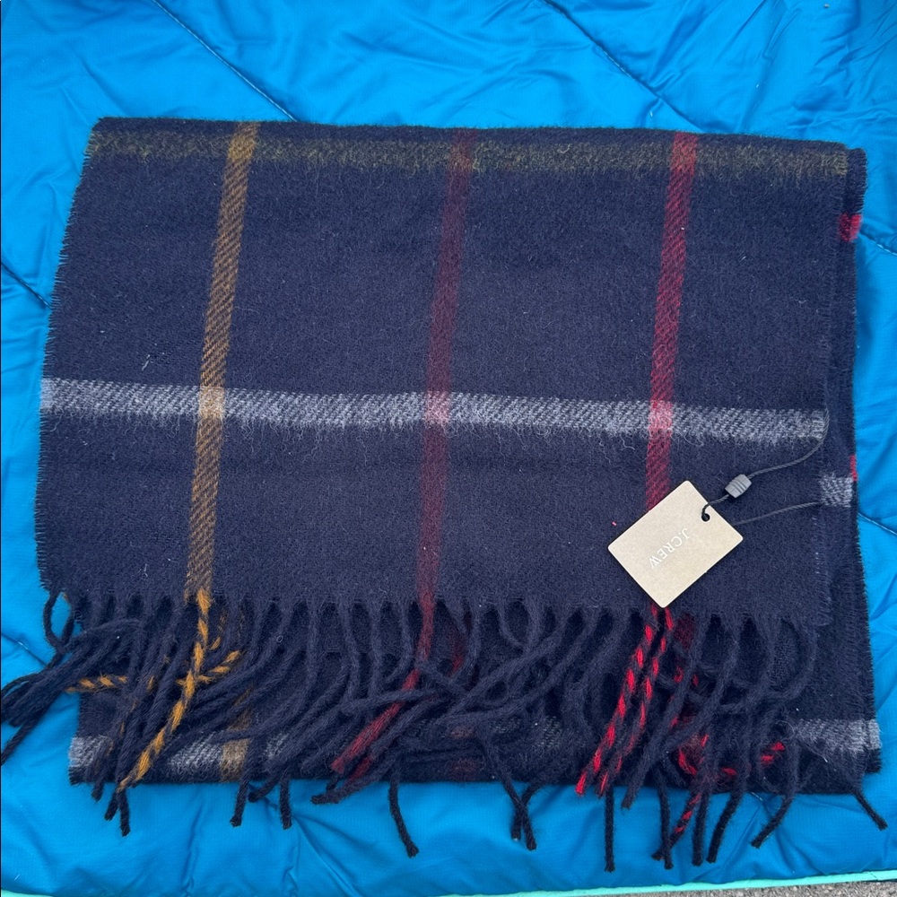 J Crew By Moon England Merino Wool Blue Plaid Knit Scarf Fringe
